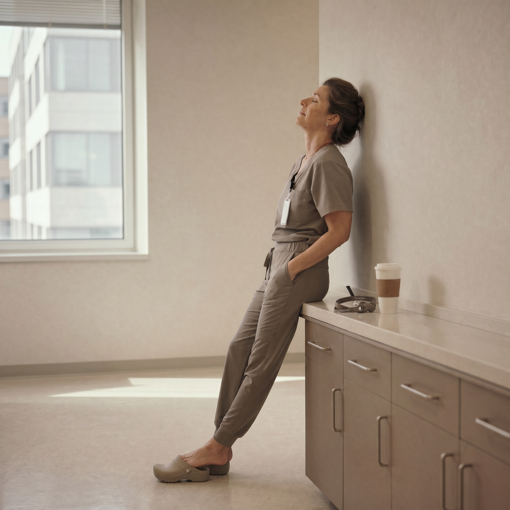 Nurse leaning back against a wall at the end of a shift, eyes closed