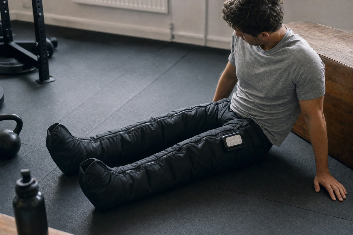 Athlete recovering on a gym floor wearing Holtrow Flow 2 boots