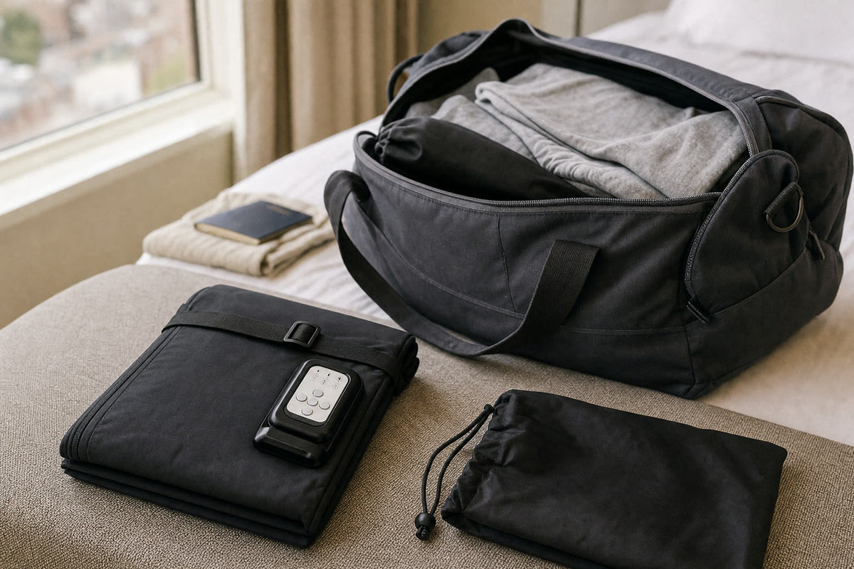 Holtrow Flow 2 folded flat beside its pouch and a packed weekender bag
