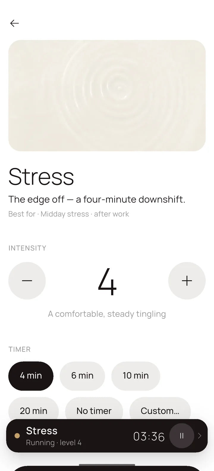 A mode screen with the running session docked at the bottom