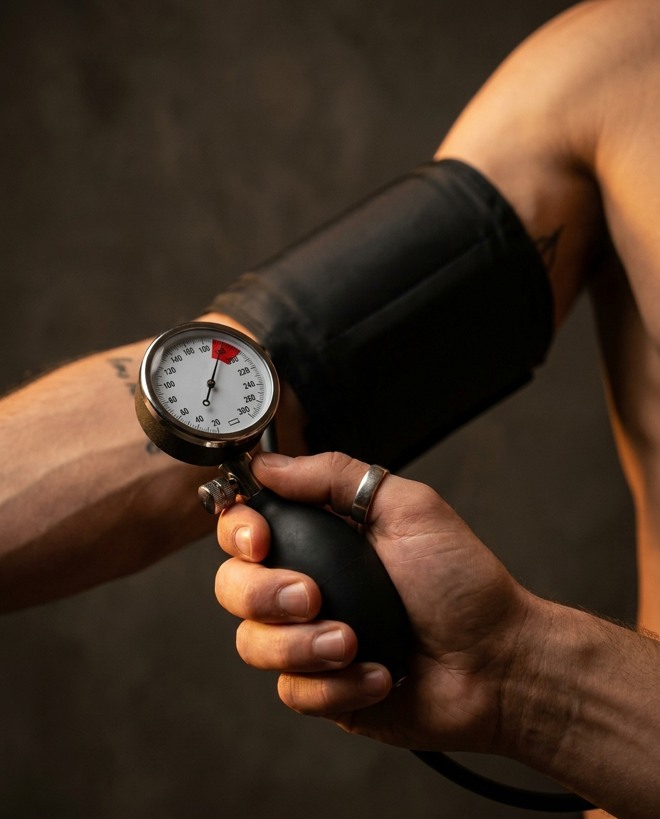 A hand squeezing the inflation bulb, needle rising on the pressure gauge