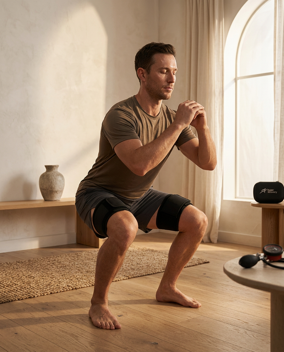 Light bodyweight squats with compression cuffs on both thighs
