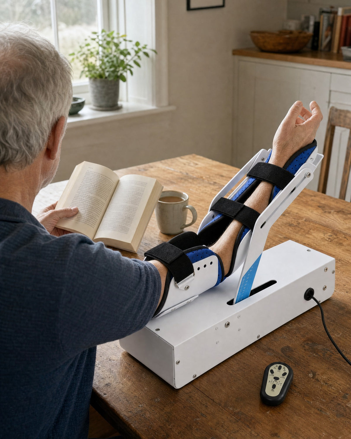 Reading at the kitchen table with one arm in Glide Elbow