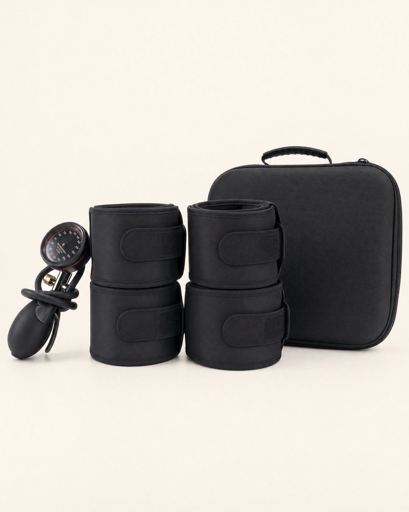 Holtrow Surge BFR set — four cuffs, pressure gauge and travel case on cream studio