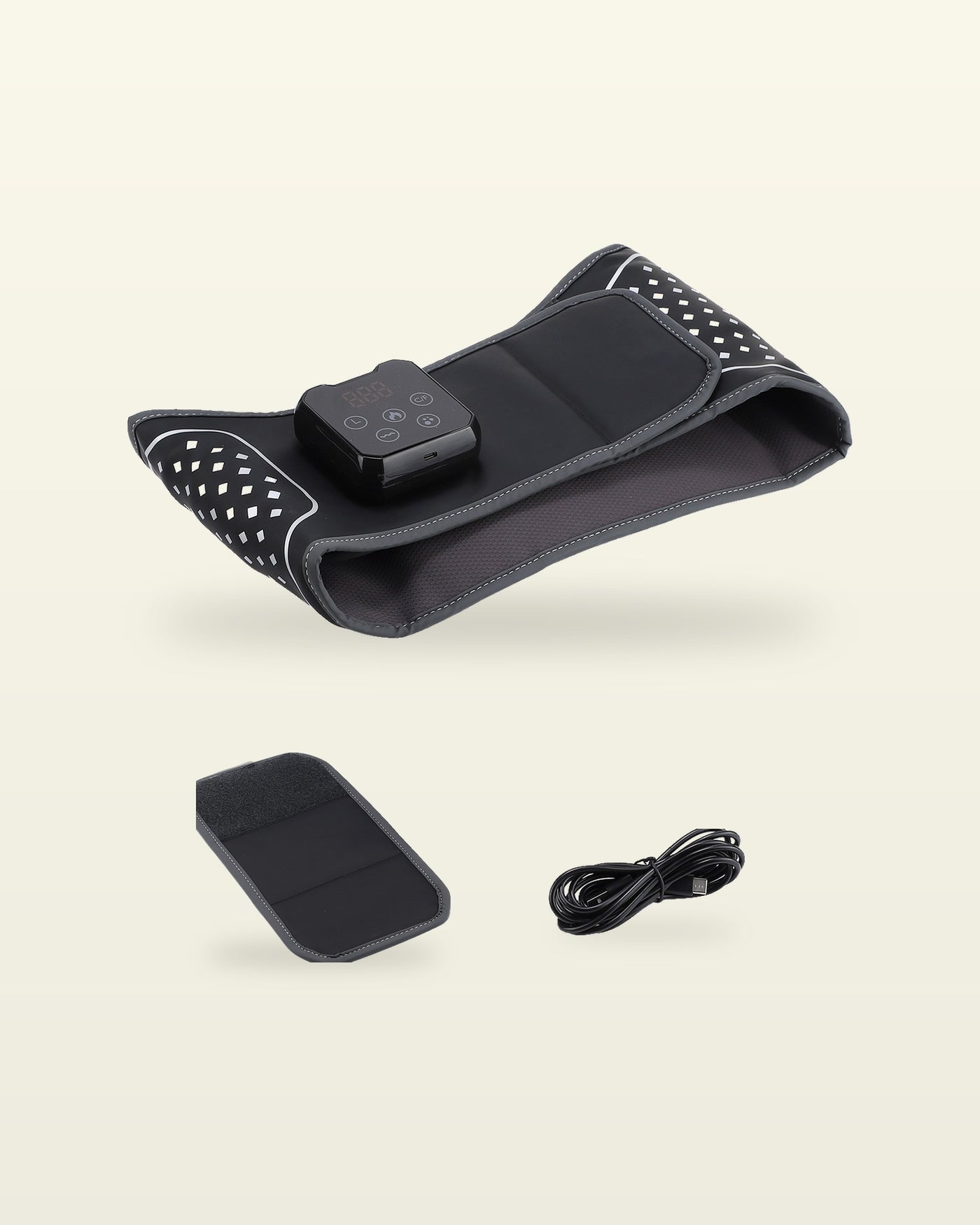 Holtrow Press belt with its extender panel and USB-C charging cable
