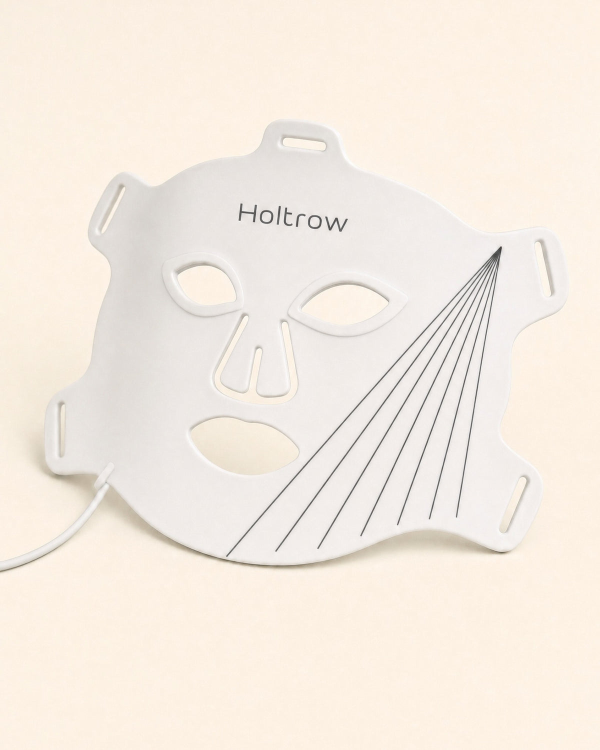 The Holtrow Dawn face shield, showing the eye, nose and mouth ports and the four slotted strap tabs