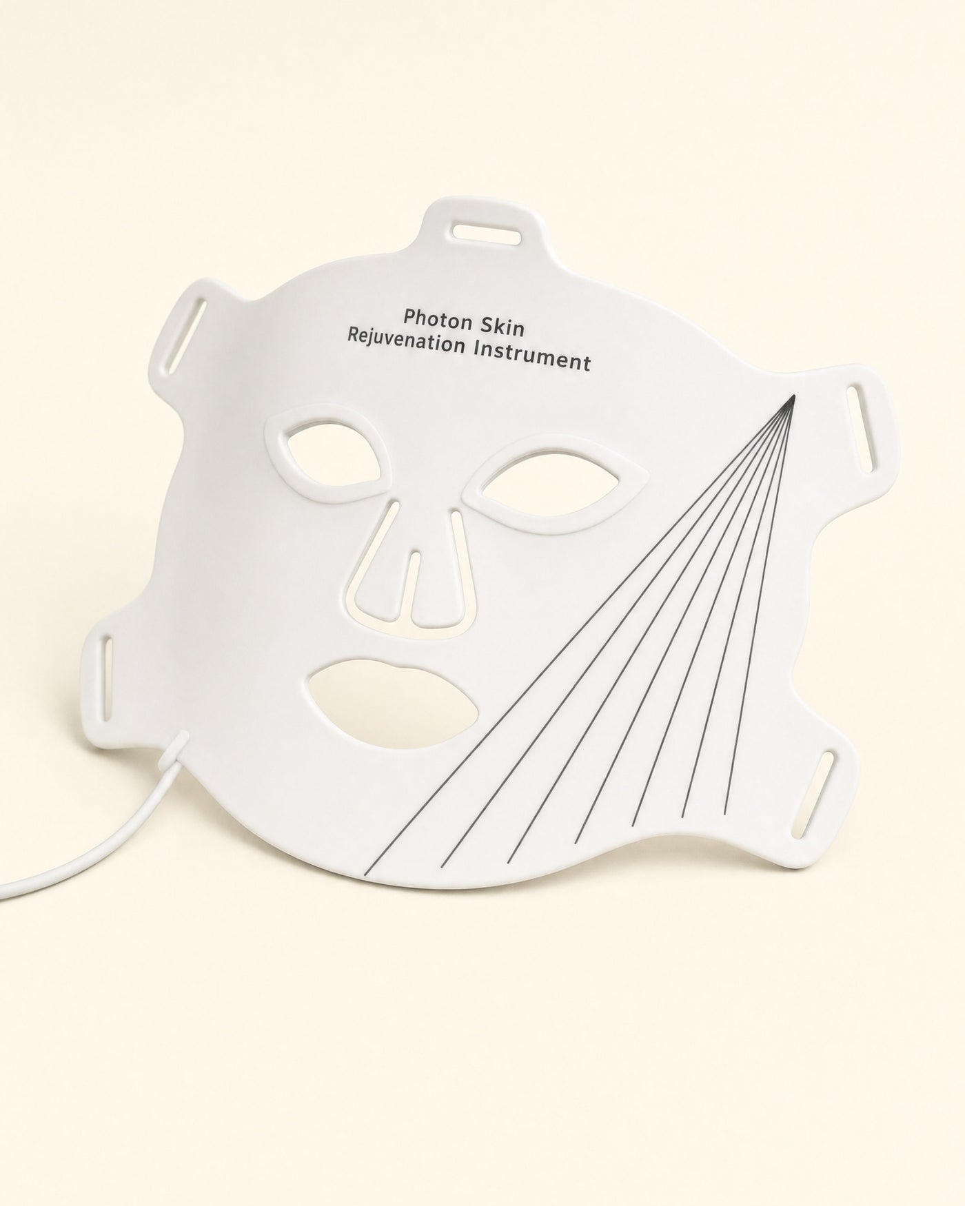The Holtrow Dawn face shield, showing the eye, nose and mouth ports and the four slotted strap tabs