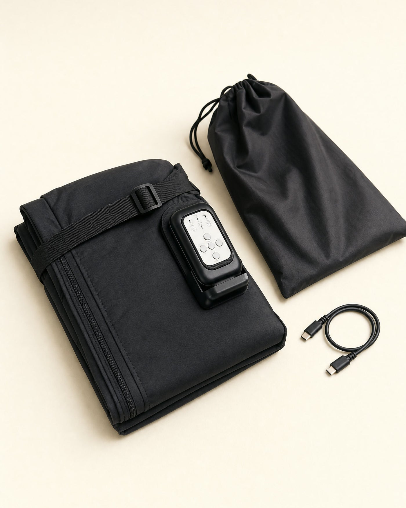 Flow 2 folded flat beside its storage pouch and USB-C cable