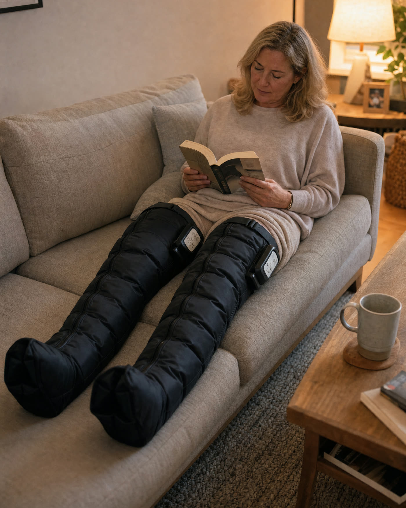 Reading on the sofa in the evening wearing Flow 2 boots