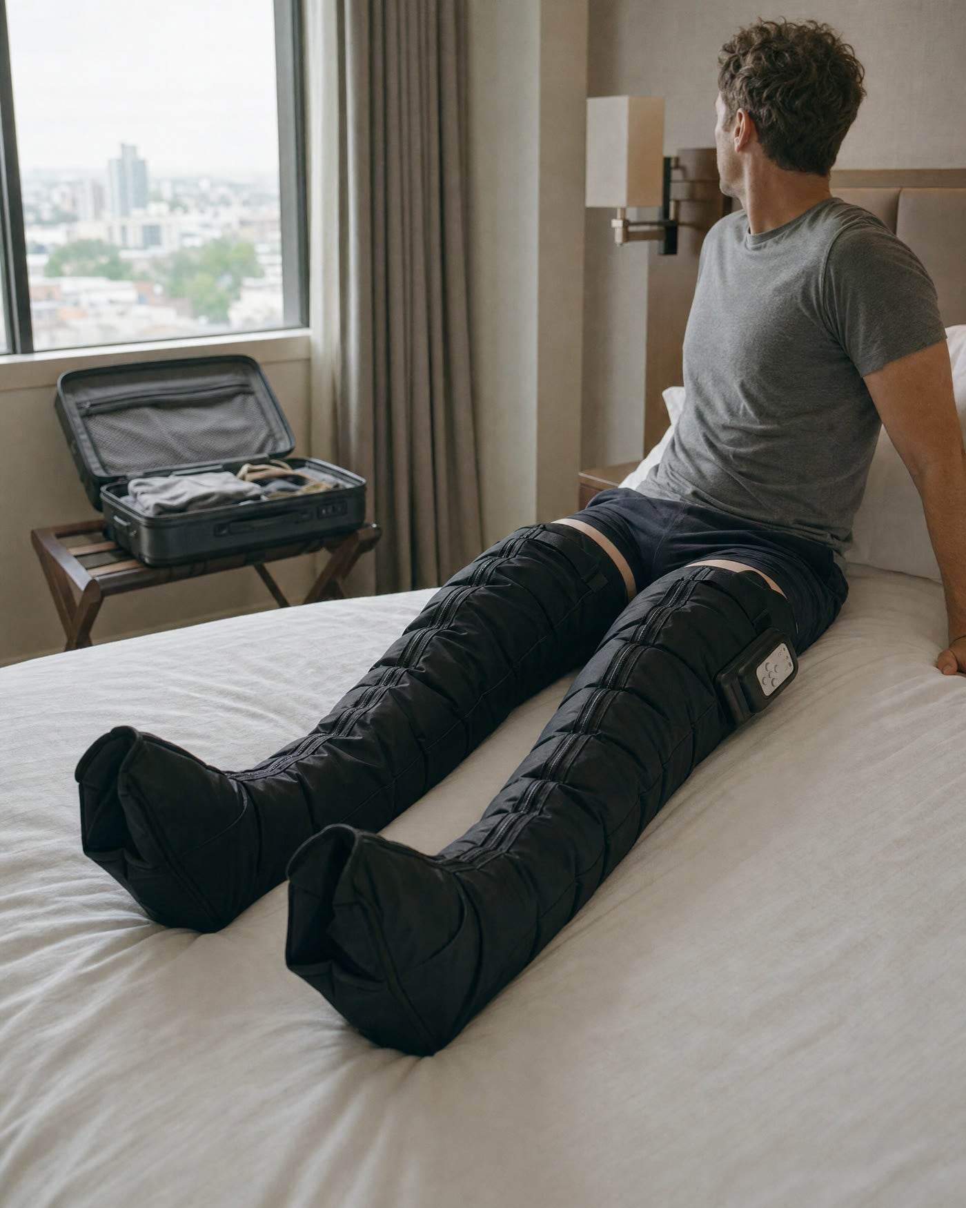 Using Flow 2 boots on a hotel bed while travelling