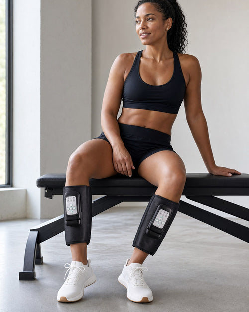Holtrow Flow Mini worn on both calves - seated recovery on a gym bench