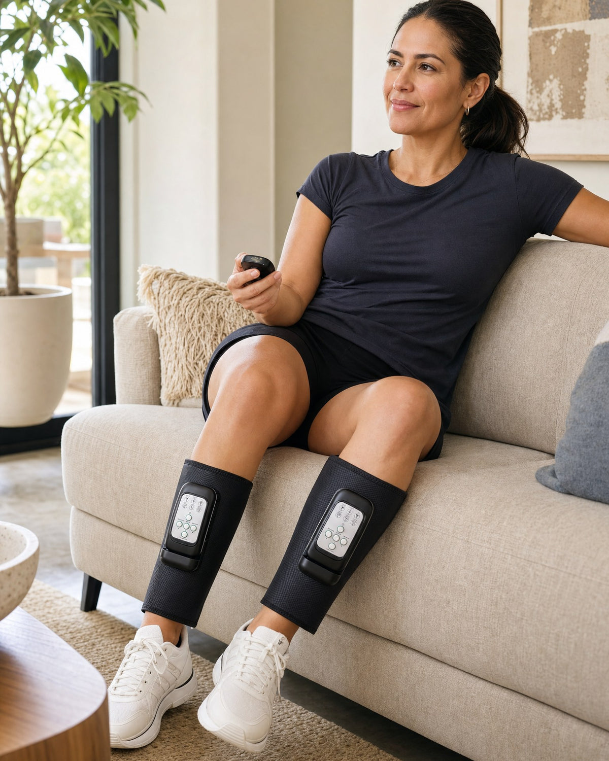 Evening session on the sofa wearing Holtrow Flow Mini calf sleeves