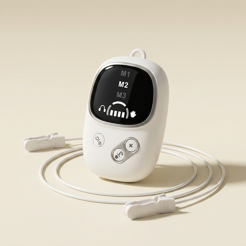 Holtrow Drift CES sleep device with ear-clip electrodes on a warm cream backdrop