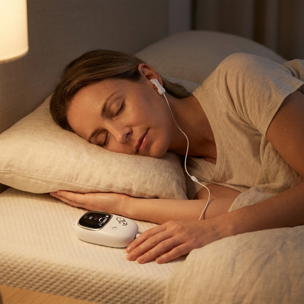 Woman asleep with the Drift ear-clip resting on her earlobe, device on the mattress
