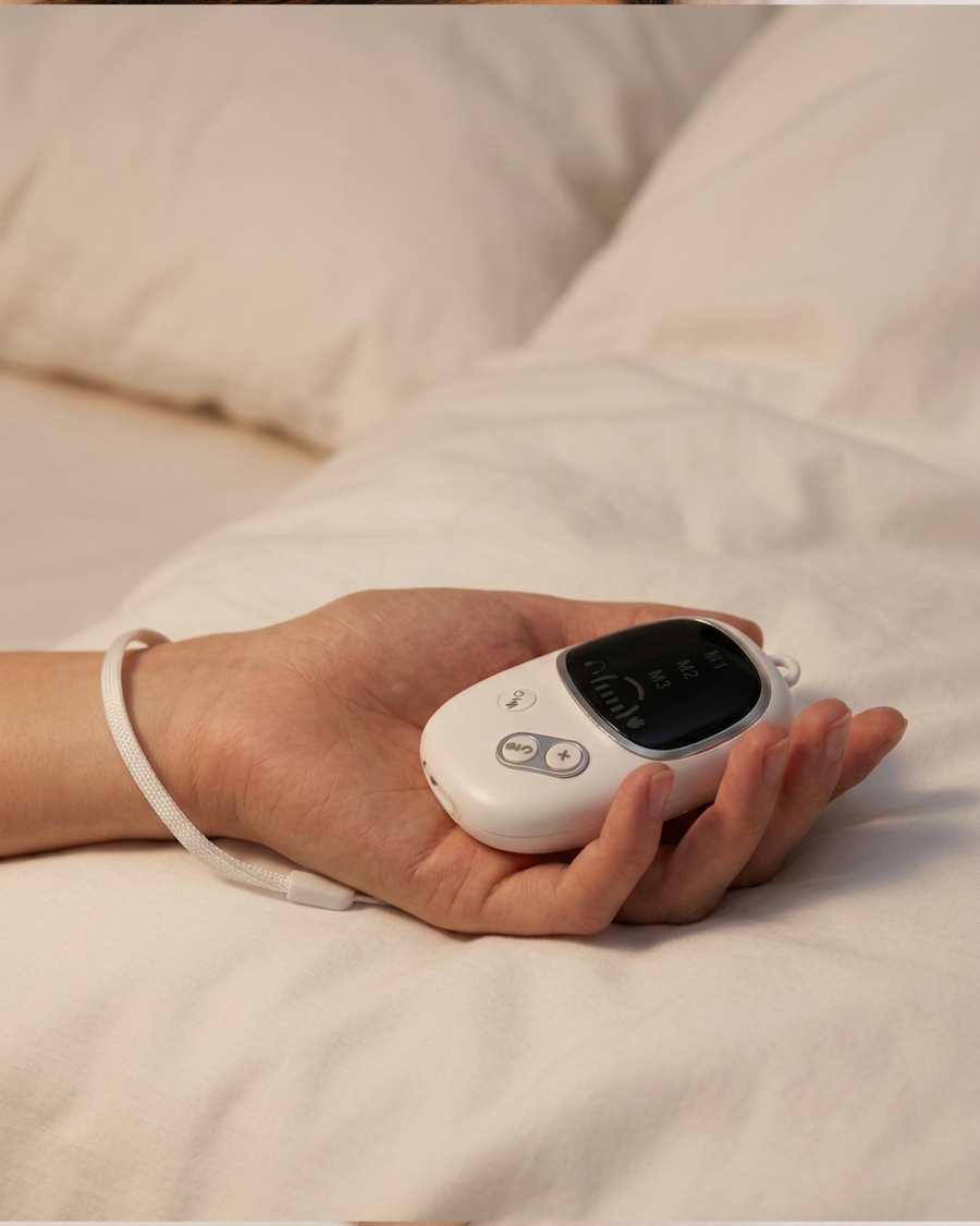 A relaxed hand holding the white Drift device in bed