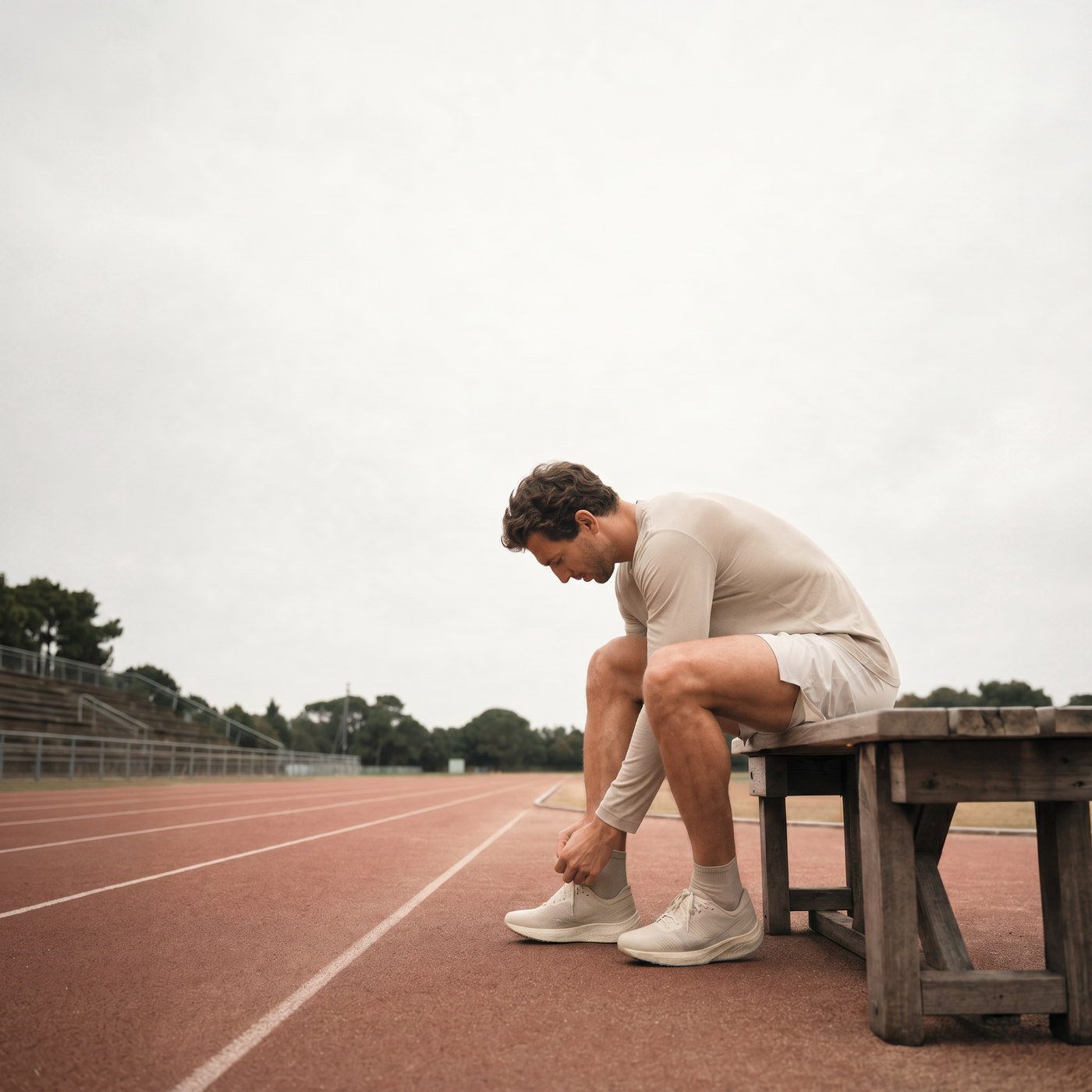 Runner retying a shoe on a bench beside an empty track