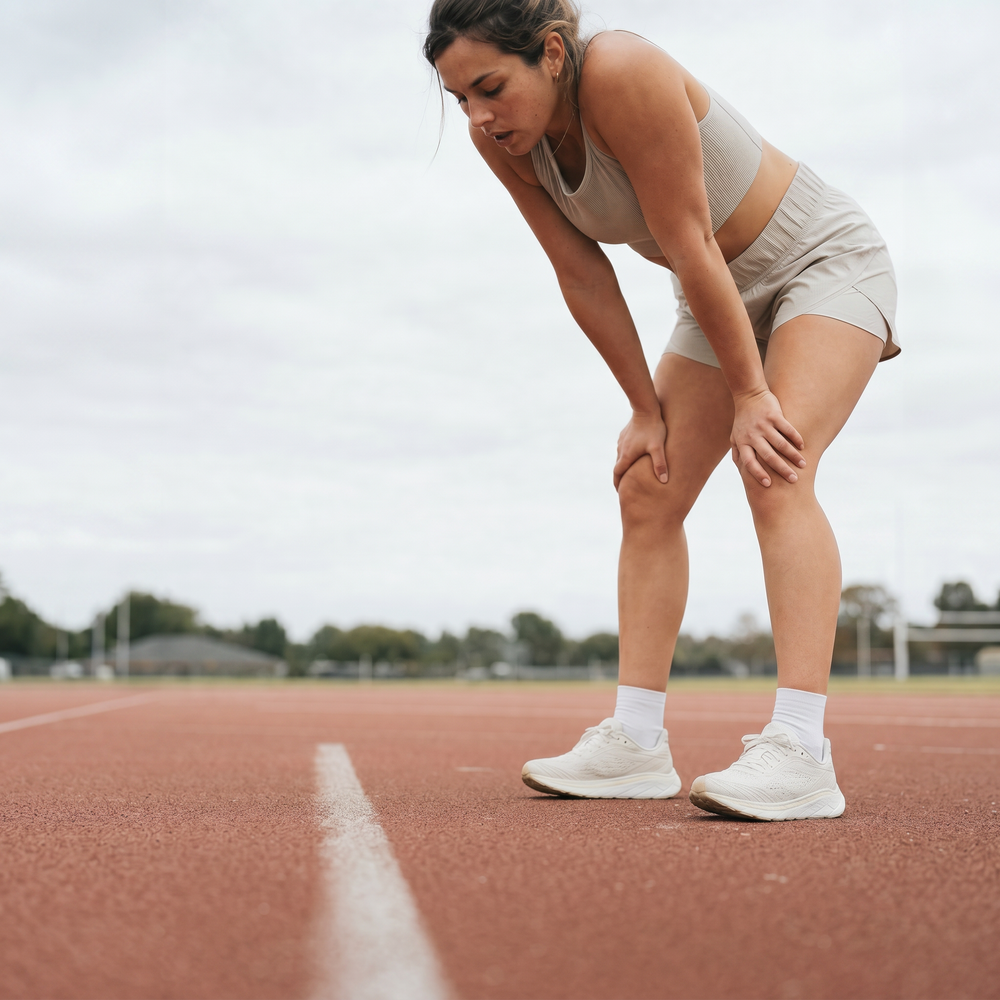 Runner catching her breath on an overcast track after training
