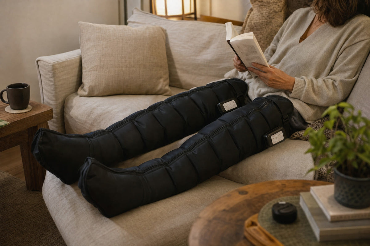 Reading on the sofa in the evening wearing Holtrow Flow 2 boots