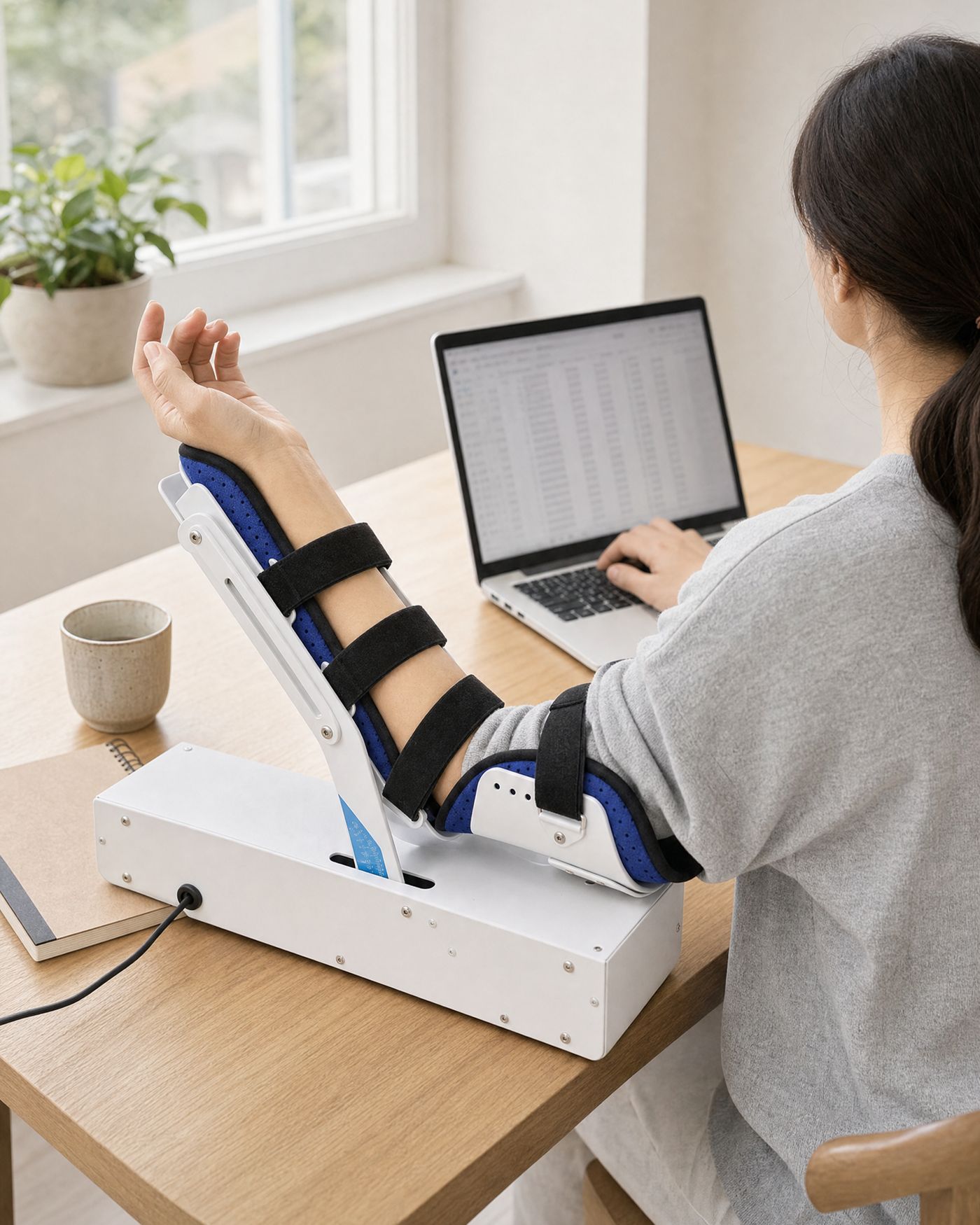 Working at a laptop with one arm resting in Glide Elbow on the desk