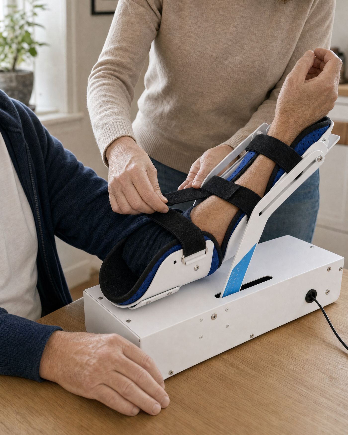 A daughter fastening the forearm strap while her father sits at the table