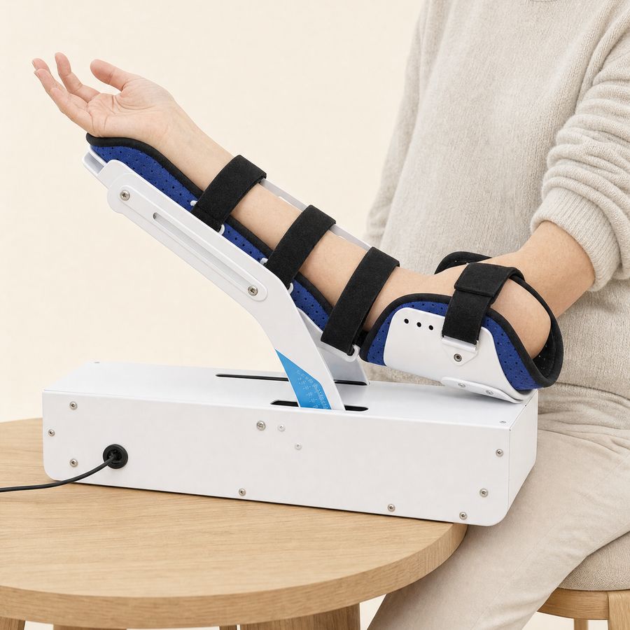 A forearm resting in the padded cradle, upper arm in the cup