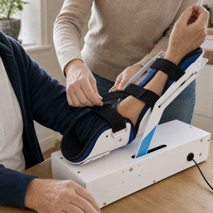 Hands fastening a black strap across the forearm