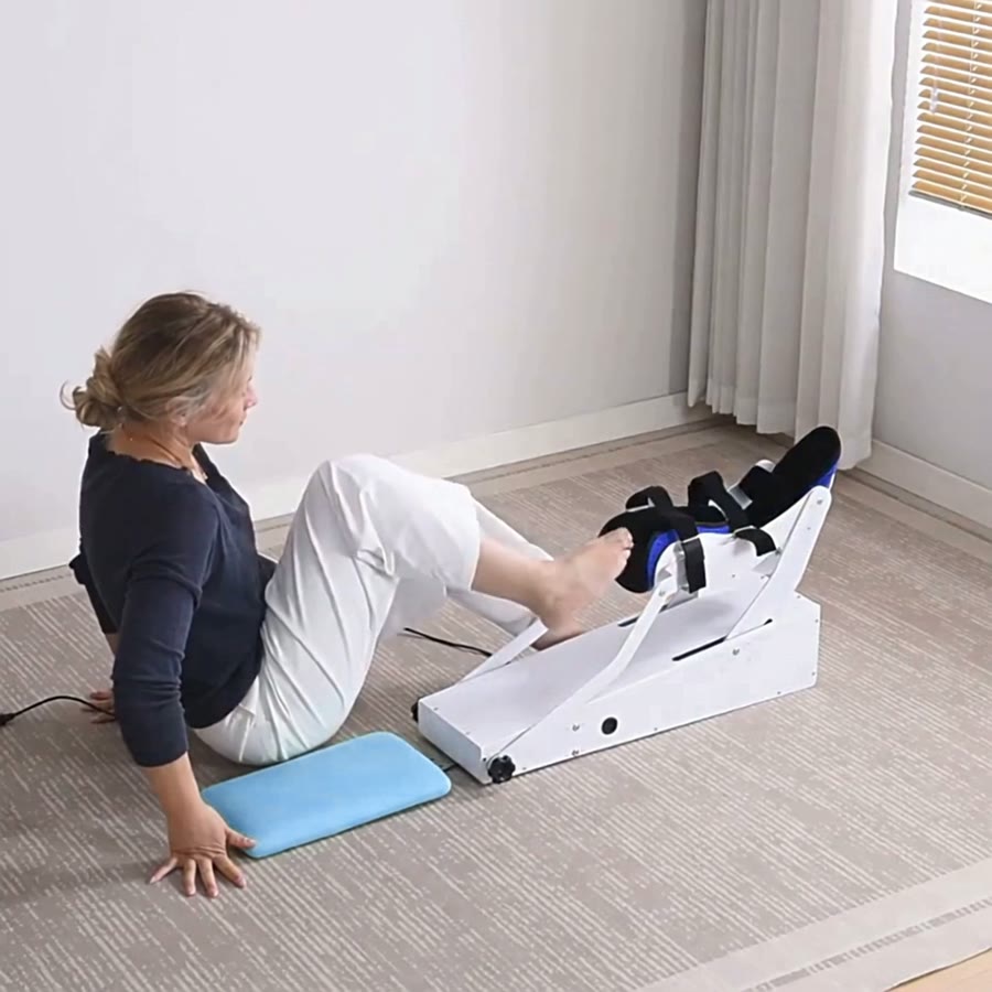 Sitting on the cushion with one leg resting in the padded cradle