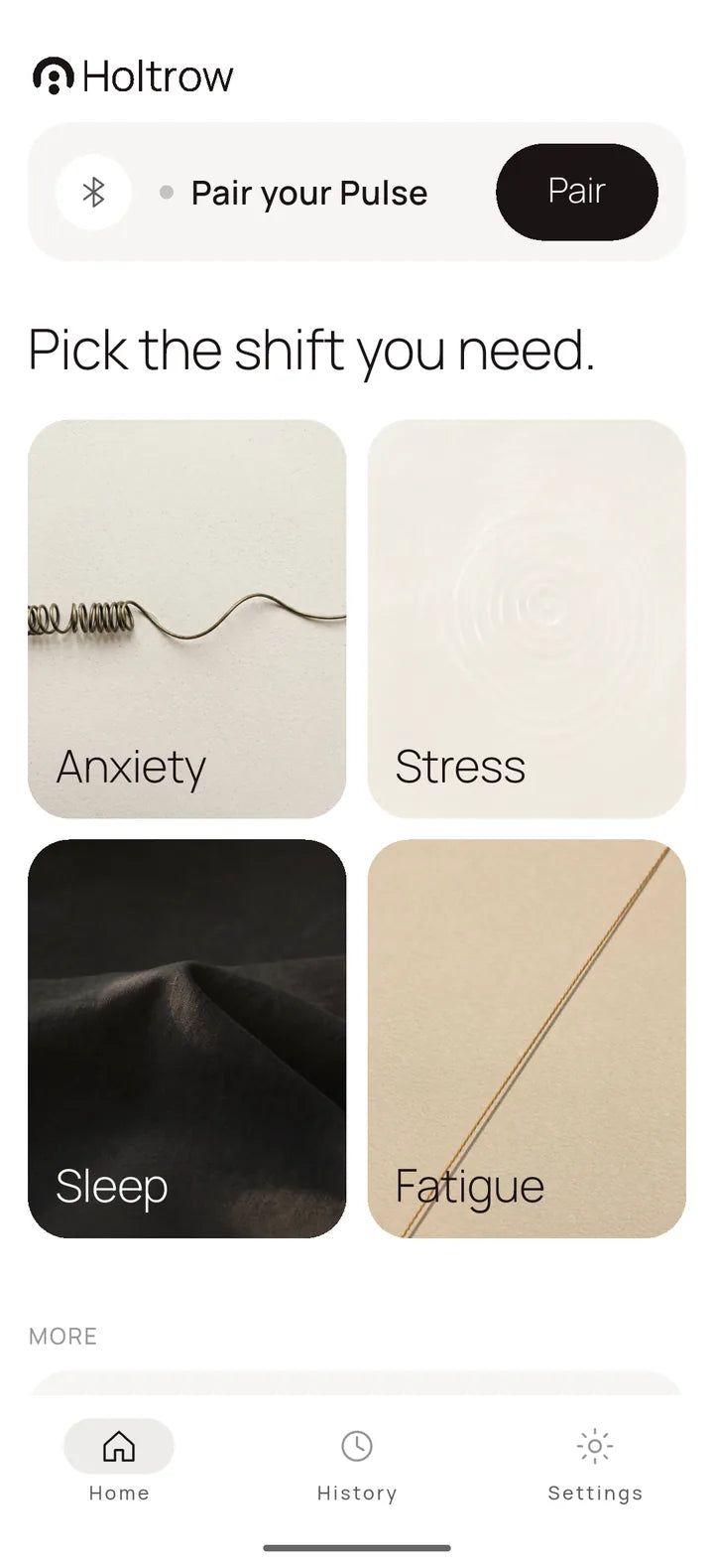 Holtrow app Home screen: the paired Pulse and the eight modes