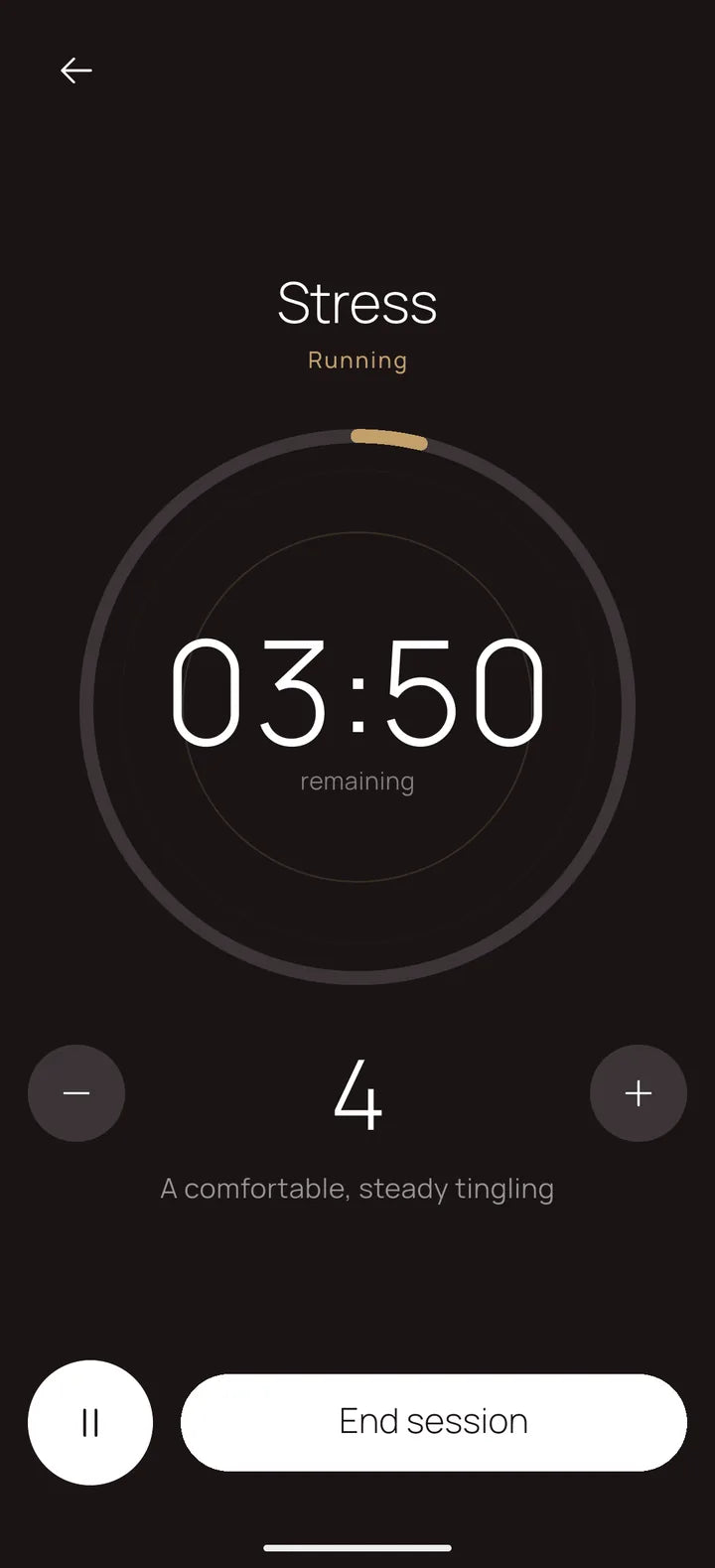 A running session: the mode name, a countdown ring and the intensity controls