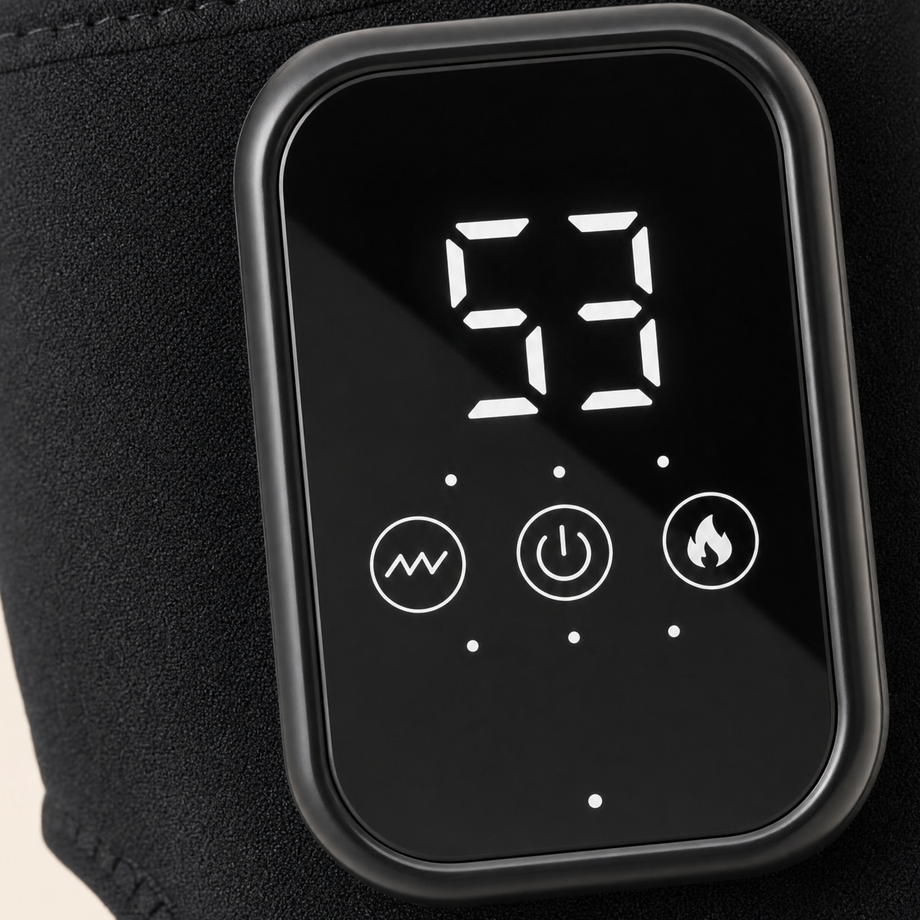 The control pod: a two-digit temperature readout above three touch keys — vibration, power and heat — with indicator dots showing the current level