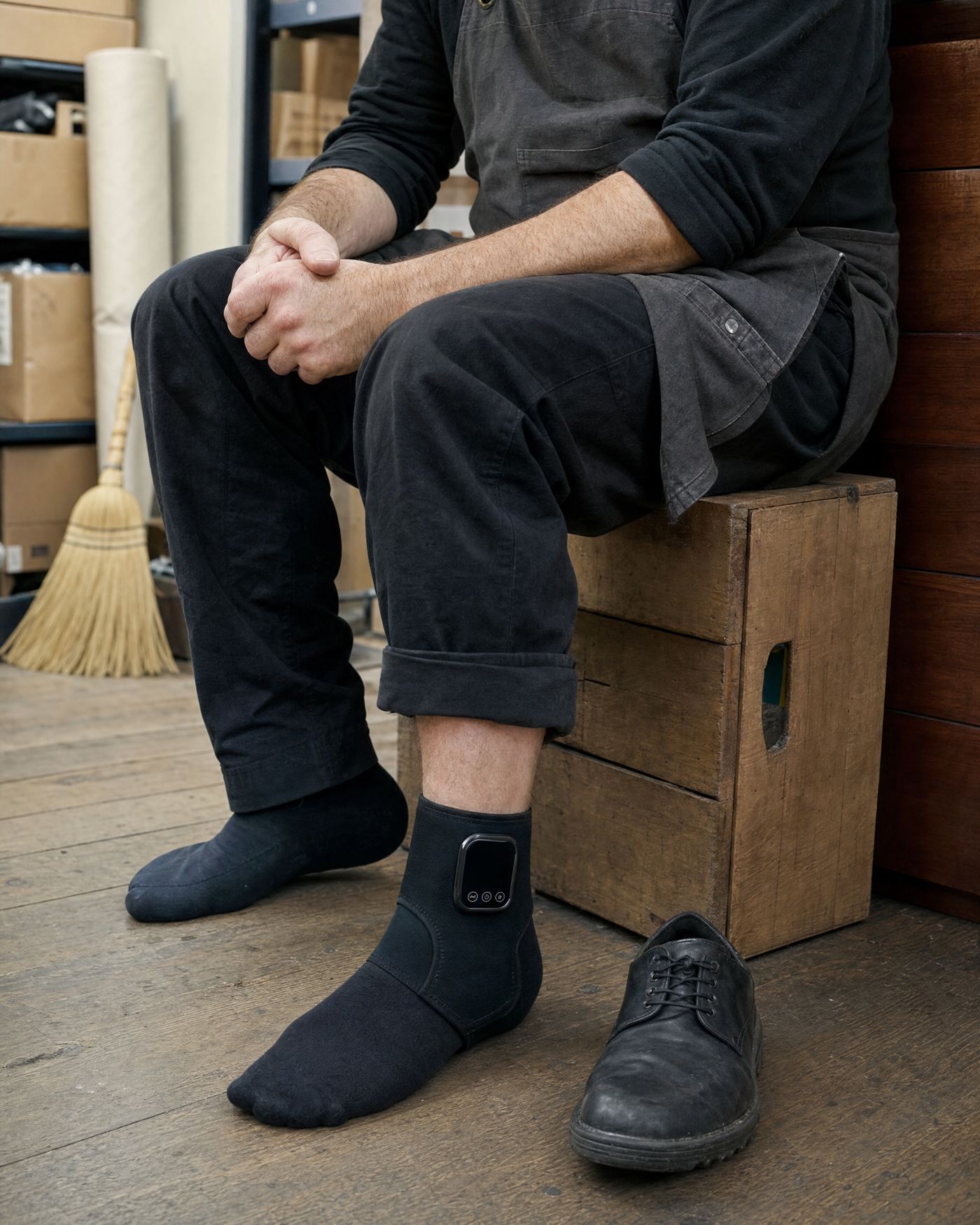 Sitting on an upturned crate at the back of a shop, one shoe off, wrap on that ankle
