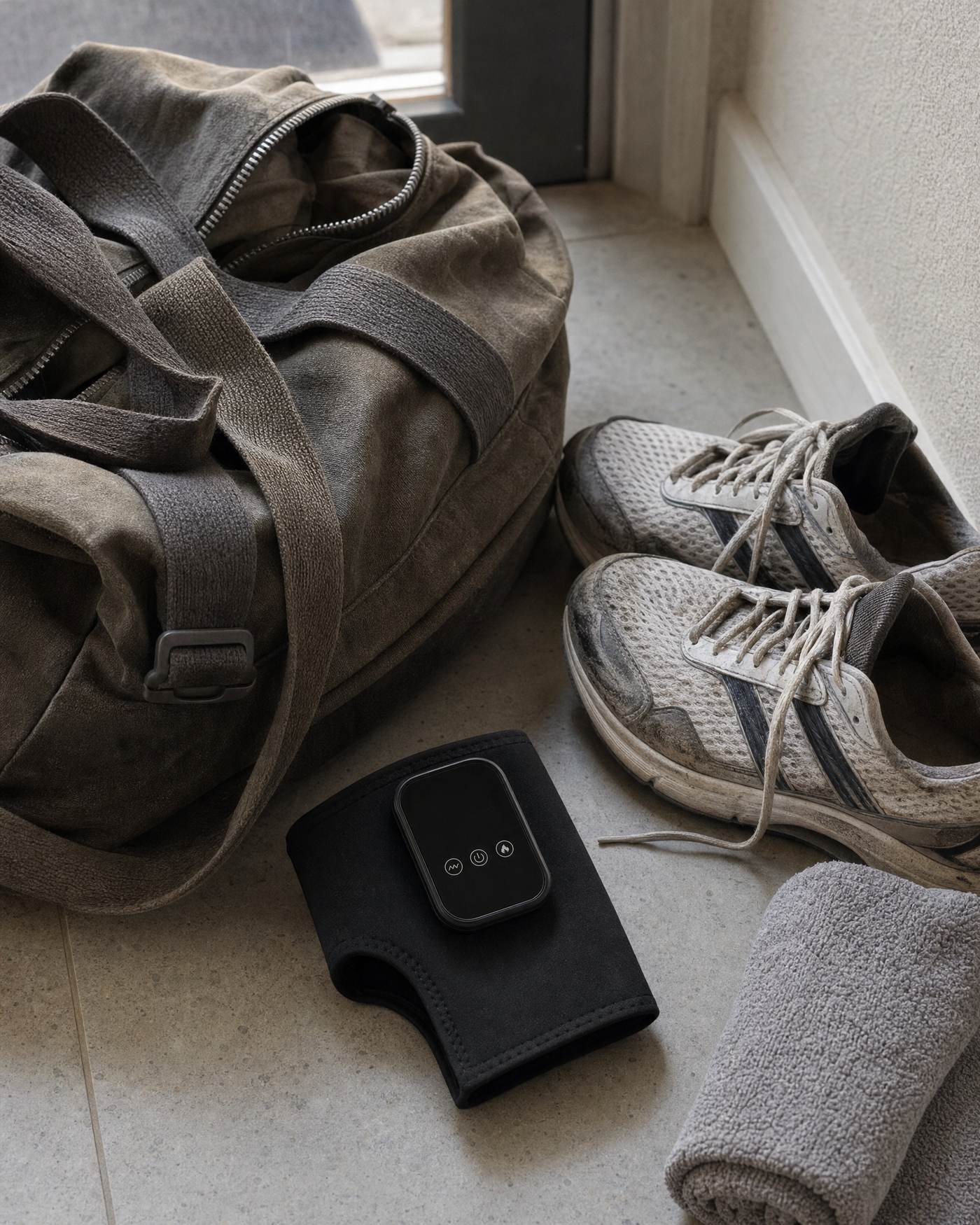 Hallway floor with a gym bag, trainers and the wrap set down beside them