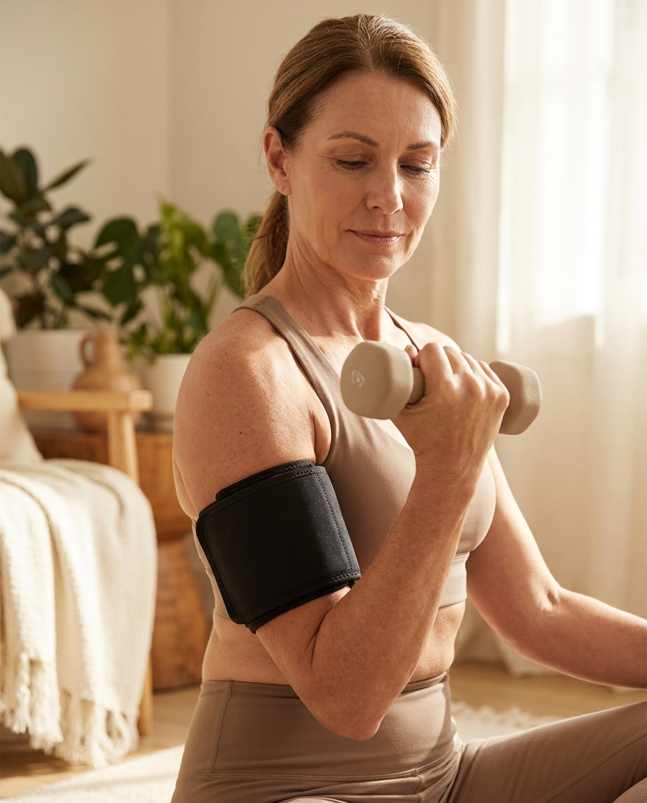Light-dumbbell curl at home with a compression cuff on the upper arm