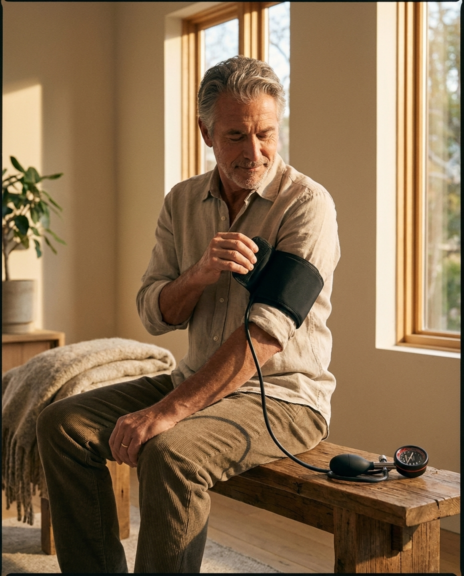 An older man calmly fastening a compression cuff on his upper arm