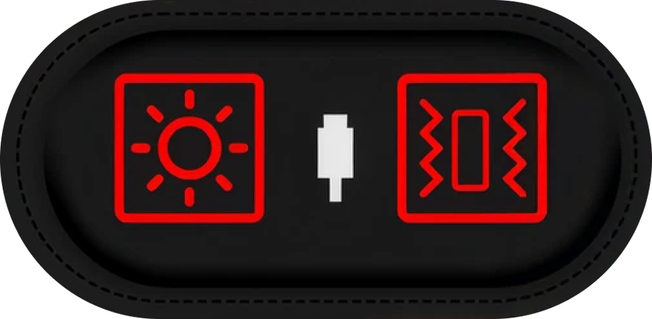 The control pod: a light button, a USB-C port, and a vibration button